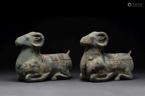 A PAIR OF CHINESE BRONZE RAM-FORM LAMPS (YANG DENG) - XRF TE...