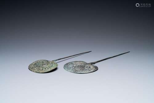 Two large Luristan bronze disc-headed clothing pins, Iran, 1...