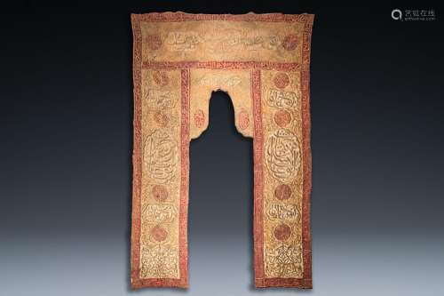 An Ottoman metal-thread-embroidered velvet mosque portière, ...