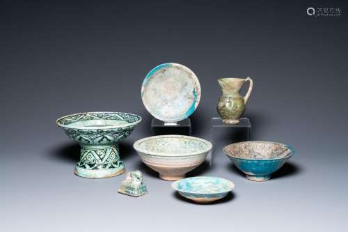 Two turquoise- and black-glazed dishes, three bowls, a jug a...