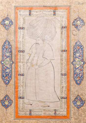 An Ottoman miniature: 'Pasha with turban', ink and gouache o...