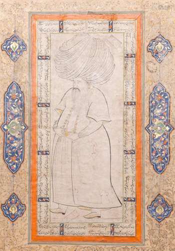 An Ottoman miniature: 'Pasha with turban', ink and gouache o...