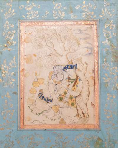 A Persian miniature on paper: 'Loving couple leaning against...