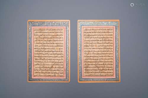 Two Timurid illuminated Quran leaves in Kufic script, Persia...