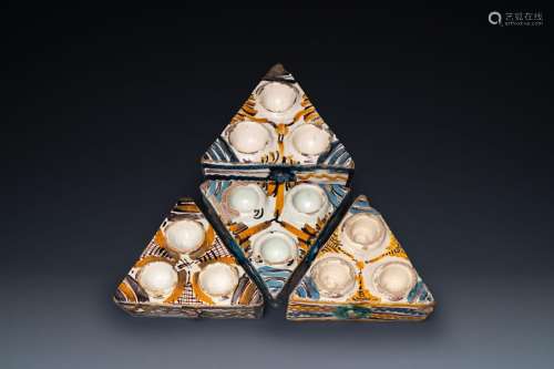 Four Spanish polychrome triangular spice boxes, Talavera, 18...