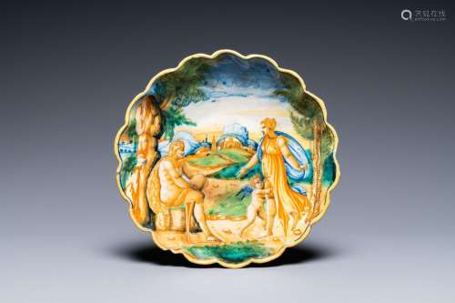 A polychrome Italian maiolica 'Hercules and Omphale' crespin...