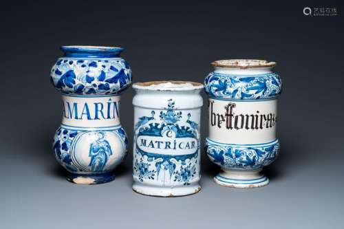 Two Italian and one Dutch Delft blue and white pharmacy jars...
