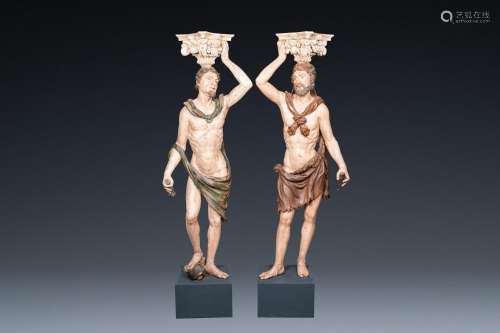 Hercules and Mercury, a pair of impressive large polychromed...