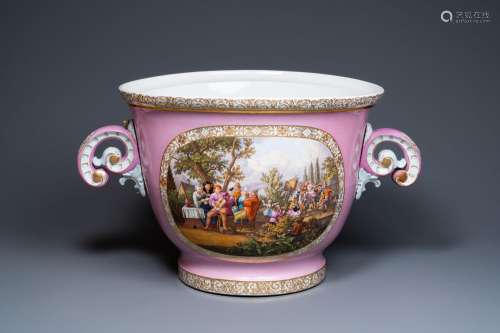 A large German porcelain jardinière with a harbour scene and...