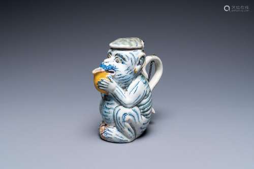 A polychrome Dutch Delft monkey-shaped ewer and cover, 18th ...