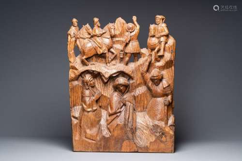 A Flemish carved oak retable fragment: 'Roman soldiers on mo...