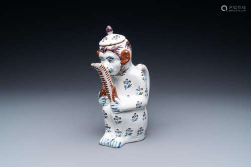A rare Brussels faience monkey-shaped ewer and cover, 18th C...