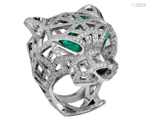 18K WHITE GOLD EMERALD ONXY DIAMOND PANTHERE DE CARTIER RING