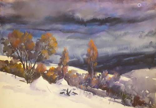 NO RESERVED Watercolor painting Evening in the Carpathians S...
