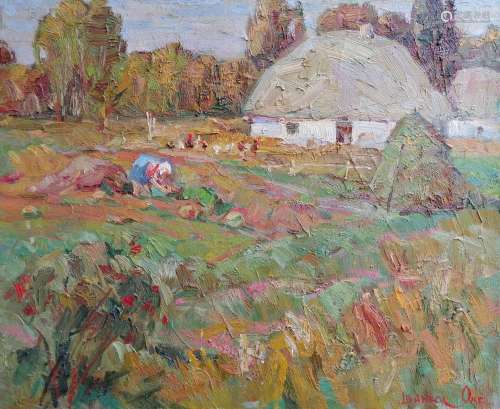 NO RESERVED Oil painting Grandmother's yard Kalenyuk Оksаnа