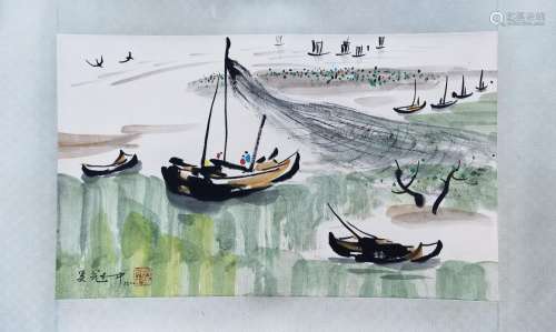 CHINESE SCROLL PAINTING OF HABOR VIEWS SIGNED BY WU GUANZHON...