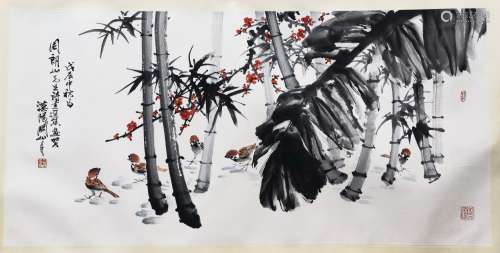 CHINESE SCROLL PAINTING OF BIRD AND BAMBOO SIGNED BY GUAN SH...