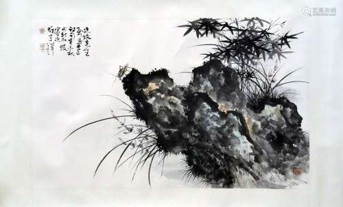 CHINESE SCROLL PAINTING OF ORCHIS AND ROCK SIGNED BY LI XION...