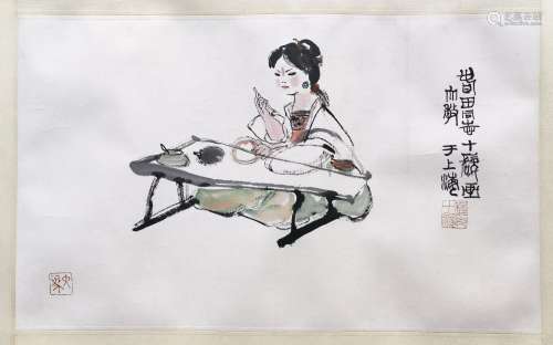 CHINESE SCROLL PAINTING OF GIRL BY TABLE SIGNED BY CHENG SHI...