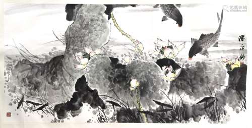CHINESE SCROLL PAINTING OF LOTUS AND FISH SIGNED BY CHEN YON...