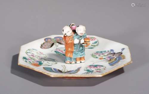 CHINESE PORCELAIN FAMILLE ROSE BOY AND FLOWER INCENSE HOLDER...