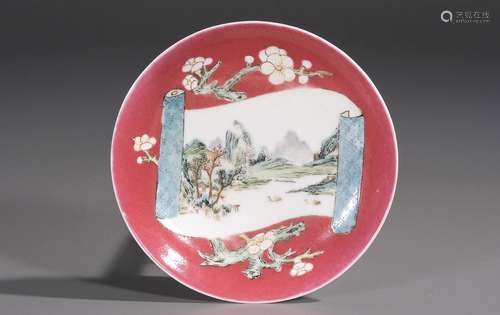 CHINESE PORCELAIN RED GLAZE FAMILLE ROSE MOUNTAIN VIEWS PLAT...