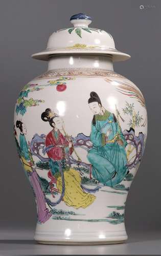 CHINESE PORCELAIN WUCAI FIGURES AND STORY LIDDED TEMPLE JAR ...