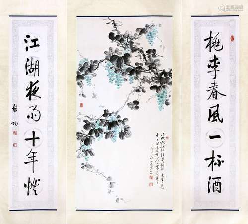 CHINESE SCROLL PAINTING OF FLOWER WITH CALLIGRAPHY COUPLE SI...