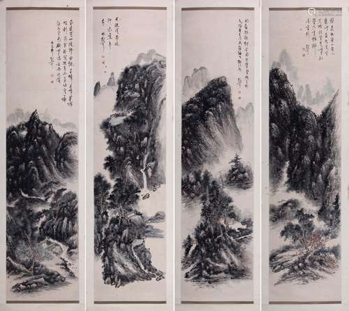 FOUR PANELS OF CHINESE SCROLL PAINTING OF MOUNTAIN VIEWS SIG...