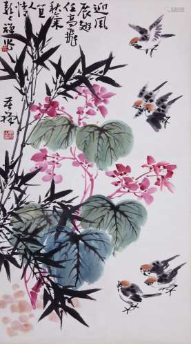 CHINESE SCROLL PAINTING OF BIRD AND FLOWER SIGNED BY LI KUCH...