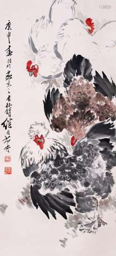 CHINESE SCROLL PAINTING OF CHICKEN SIGNED BY LIU JIYOU