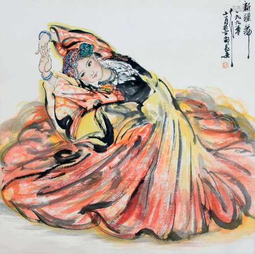 CHINESE SCROLL PAINTING OF DANCING GIRL SIGNED BY LIU WENXI