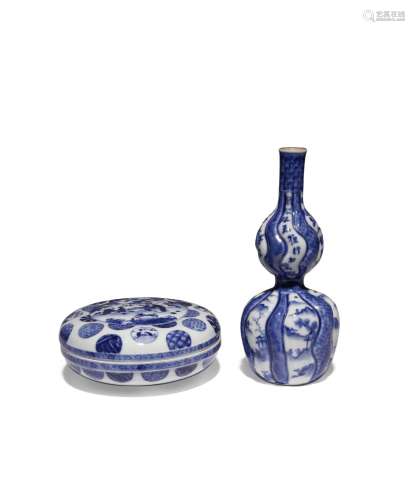 A JAPANESE BLUE AND WHITE BOX AND COVER AND A VASE