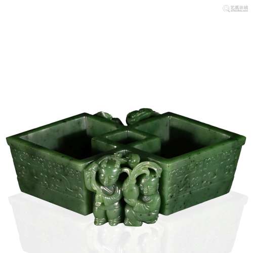 CHINESE SPINACH JADE DOUBLE DIAMOND SHAPED SCHOLAR BRUSH WAS...