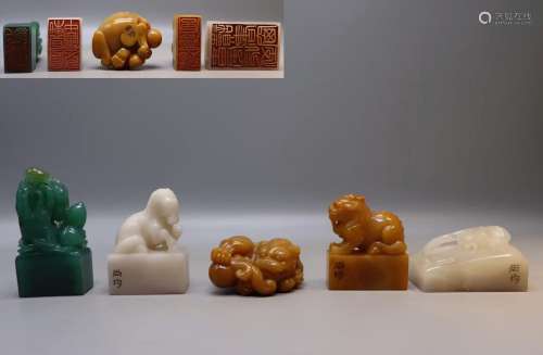 FIVE CHINESE SOAPSTONE SCHOLAR SEALS