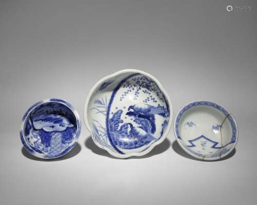 THREE JAPANESE BLUE AND WHITE BOWLS