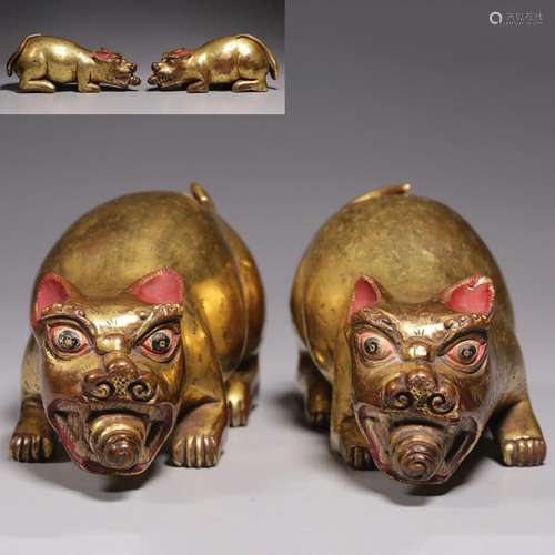 PAIR OF CHINESE GILT BRONZE BEAST TABLE ITEMS