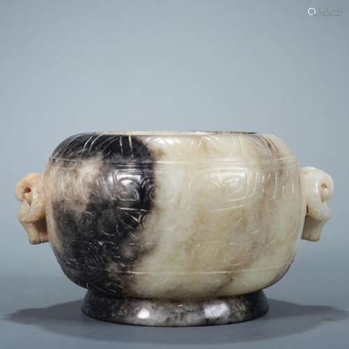 CHINESE ANCIENT JADE RAM HEAD HANDLE ROUND CENSER BURNER