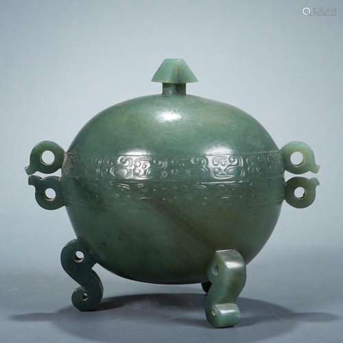 CHINESE CELADON JADE TRIPLE FEET LIDDED ROUND CENSER BURNER