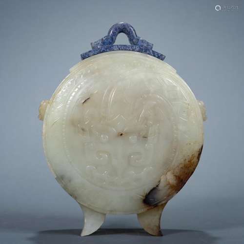 CHINESE JADE FLATTEN KETTLE WITH LAPIS LID