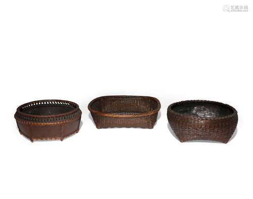 THREE JAPANESE WOVEN BAMBOO CHARCOAL BASKETS (SUMITORI)