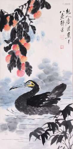 CHINESE SCROLL PAINTING OF DUCK AND FRUIT SIGNED BY TANGYUN