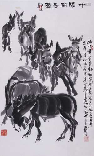 CHINESE SCROLL PAINTING OF DONKEY SIGNED BY HUANGZHOU