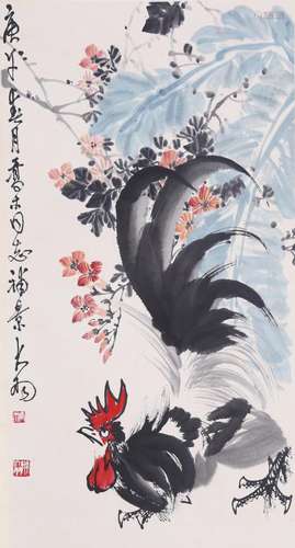 CHINESE SCROLL PAINTING OF ROOSTER AND FLOWER SIGNED BY CHEN...