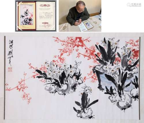 CHINESE SCROLL PAINTING OF ORCHID AND FLOWER SIGNED BY GUAN ...