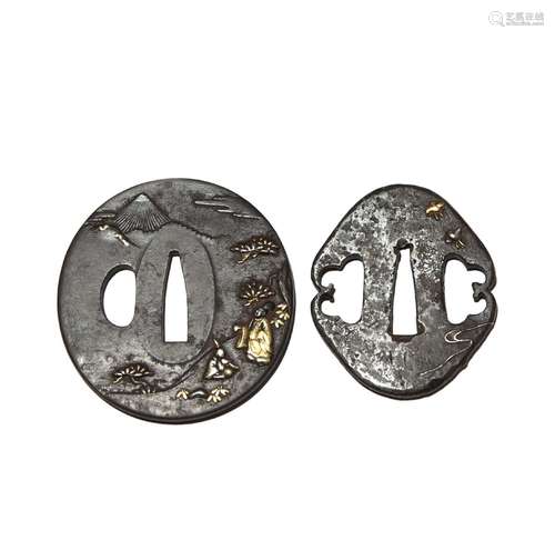 TWO JAPANESE INLAID IRON TSUBA