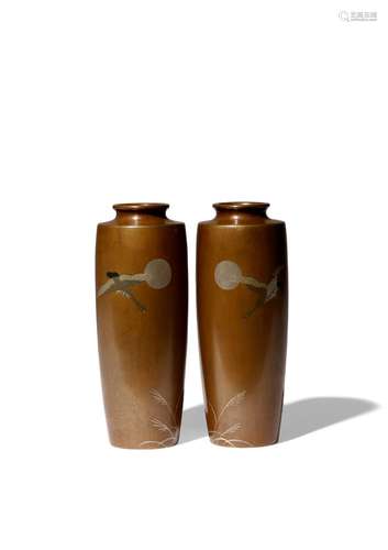 A PAIR OF JAPANESE INLAID BRONZE VASES BY THE NOGAWA COMPANY