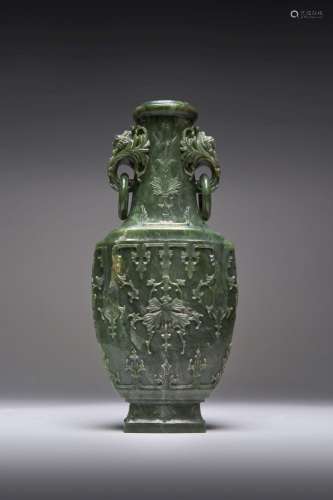 A LARGE CHINESE SPINACH-GREEN JADE VASE