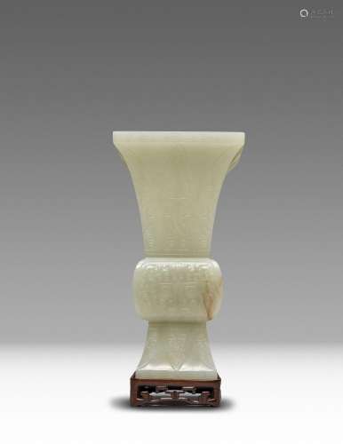 A RARE CHINESE IMPERIAL PALE CELADON JADE ARCHAISTIC VASE, F...