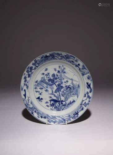 A CHINESE BLUE AND WHITE 'MASTER OF THE ROCKS' DISH
